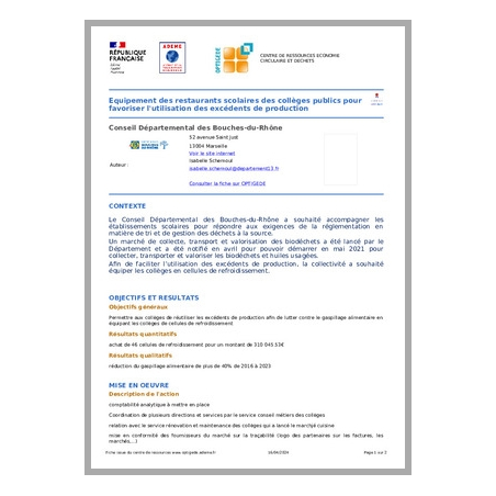 Equipement des restaurants scolaires des collèges publics pour favoriser l'utilisation des excédents de production