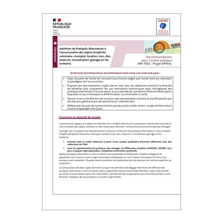 APPEAL : AdoPtion de PratiquEs Alternatives à l'accumuLation des objets
