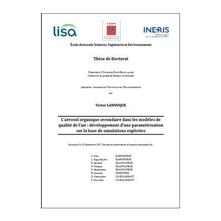 Formation de l'aérosol organique secondaire dans les modèles de qualité de l'air :