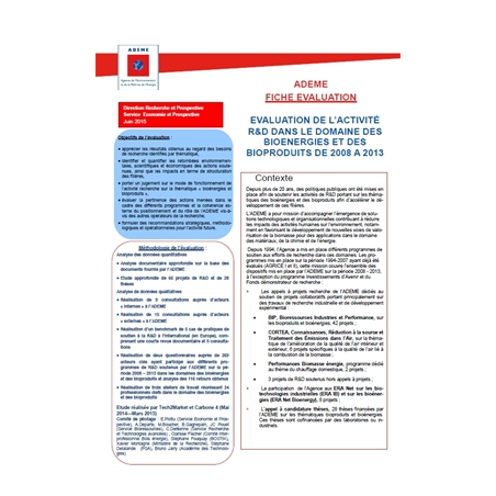 Evaluation de l'activité R&D dans le domaine des bioénergies et des bioproduits de 2008 à 2013