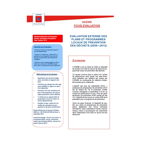 Evaluation externe du dispositif "plans et programmes locaux de prévention des déchets" (2009-2012)