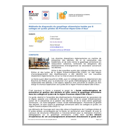 Méthode de diagnostic du gaspillage alimentaire testée par 8 collèges et lycées pilotes de Provence-Alpes-Côte d'Azur