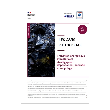 AVIS de l'ADEME : Transition énergétique et matériaux stratégiques : dépendances, sobriété et recyclage