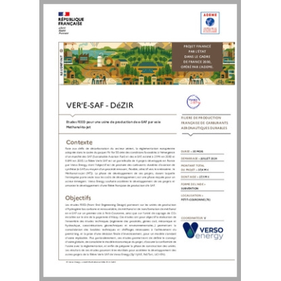 VER'E-SAF - DéZIR - Etudes FEED pour une usine de production de e-SAF par voie Methanol-to-Jet