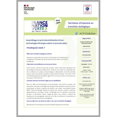ALTO SOLUTION - Assemblage et pré-industrialisation d'une technologie d'énergie solaire à concentration