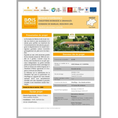 Chaufferie biomasse à granulés. Domaine de Marlas, Rieucros (09)