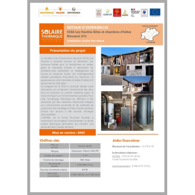 SCEA Les Hautins Gîtes et chambres d'hôtes. Rieucazé (31). Installation solaire thermique