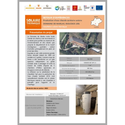 Installation solaire thermique. Domaine de Marlas, Rieucros (09)